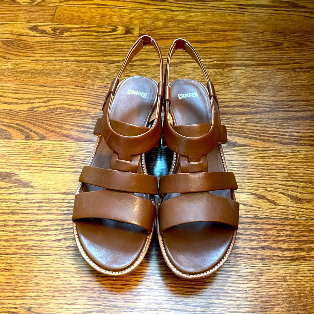 NWOT Camper Damas Ankle Strap Platform Wedge Sandals Cognac Size US10/10.5 EU41